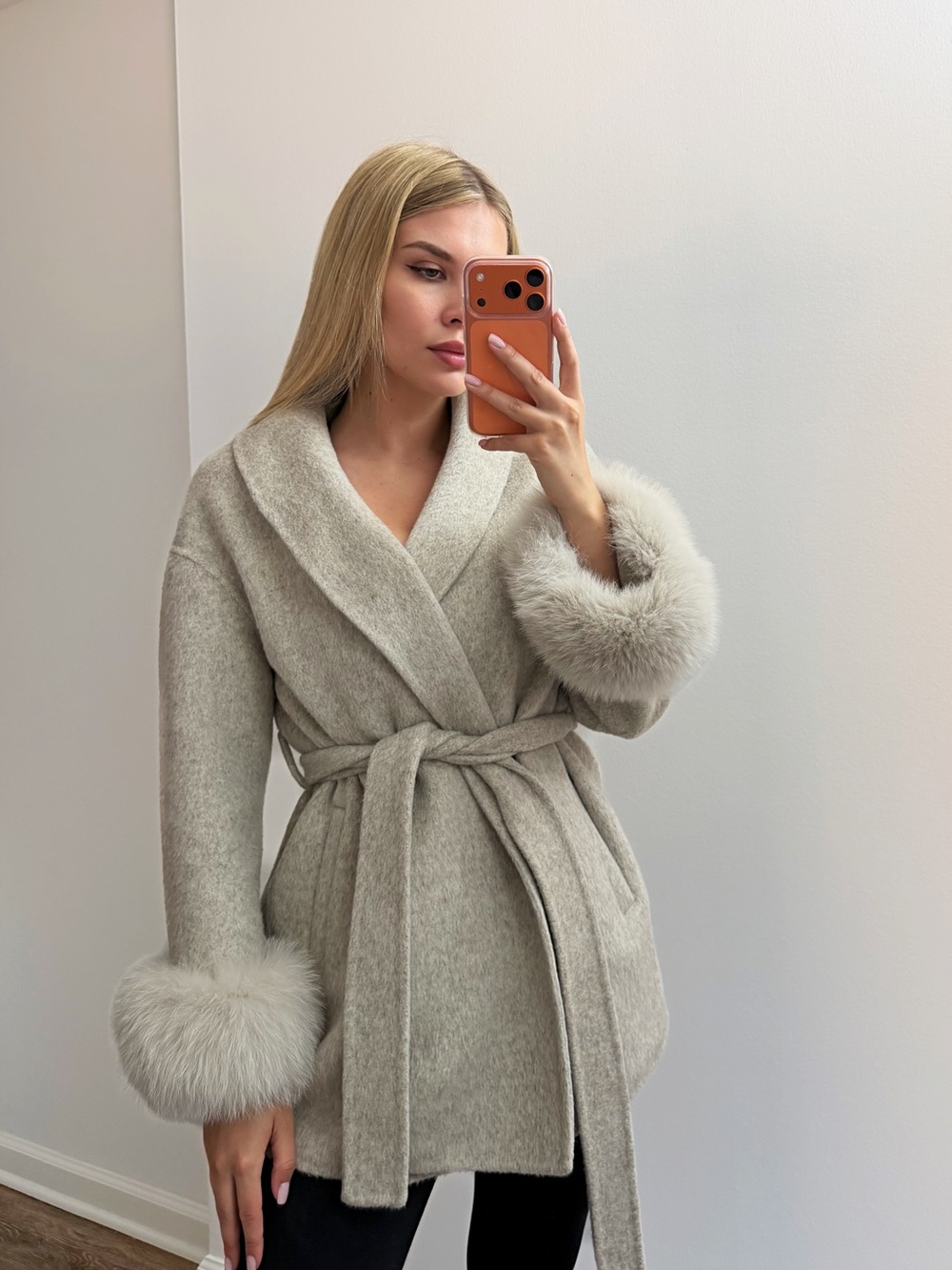 Elegant -Fur Cuff Wrap Coat - Cream